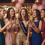 Bridesmaids wearing black hen party sashes with pink writing celebrating with prosecco at a party venue