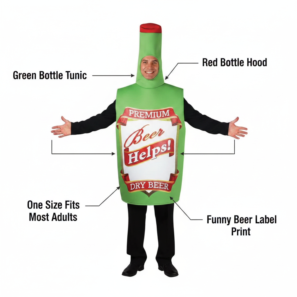 Fun Beer Bottle Adults Fancy Dress Costume feature infographic showing green bottle tunic, red cap hood, one size fits most, and funny beer label print
