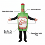 Fun Beer Bottle Adults Fancy Dress Costume feature infographic showing green bottle tunic, red cap hood, one size fits most, and funny beer label print