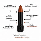 Laval Caramel Kiss Lipstick 17 premium feature infographic with callout labels on white background