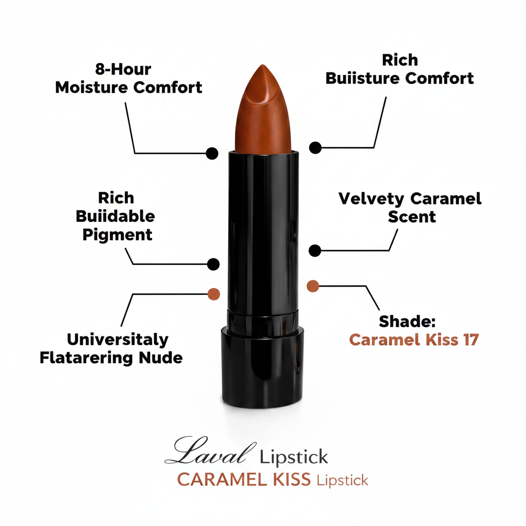 Laval Caramel Kiss Lipstick 17 premium feature infographic with callout labels on white background