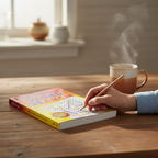 Wordsearch Book A5 open on kitchen table with a cup of tea and pencil