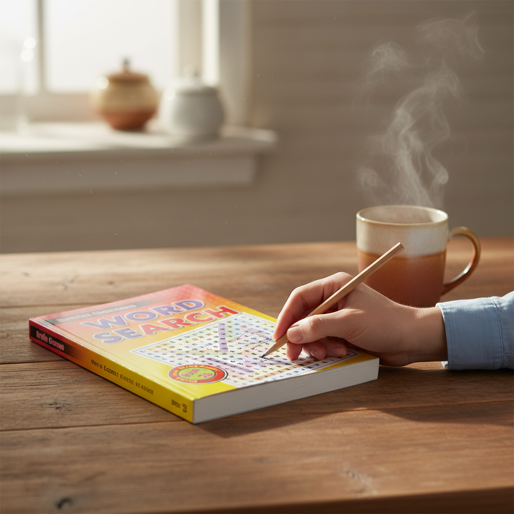 Wordsearch Book A5 open on kitchen table with a cup of tea and pencil