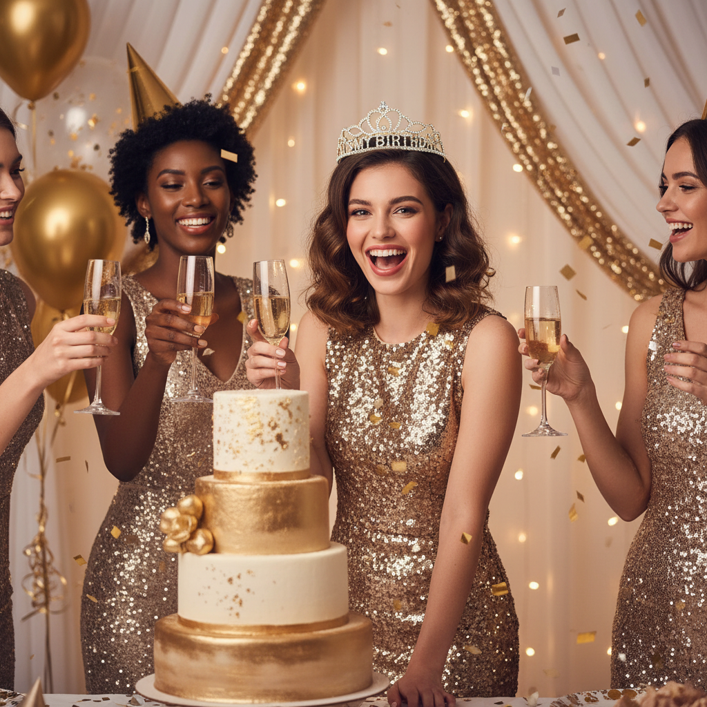 Happy woman wearing It's My Birthday gold tiara at glamorous birthday party with friends champagne and elegant decorations