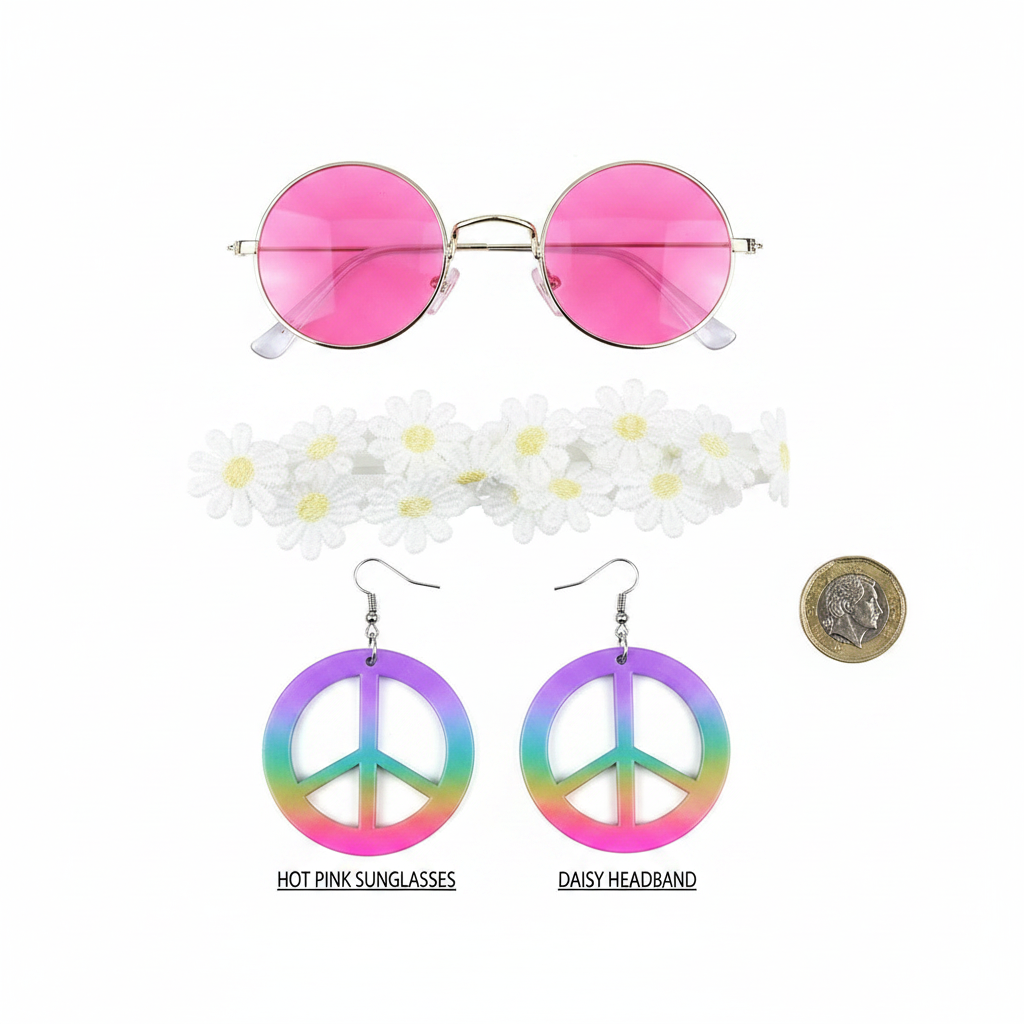 Flat lay of all 3 items in adult hippie fancy dress set — pink sunglasses, daisy headband and peace sign earrings with £1 coin for scale