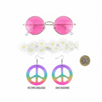 Flat lay of all 3 items in adult hippie fancy dress set — pink sunglasses, daisy headband and peace sign earrings with £1 coin for scale
