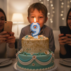 Blue glitter number 9 birthday candle lit and glowing on a beautifully decorated birthday cake, warm celebratory scene
