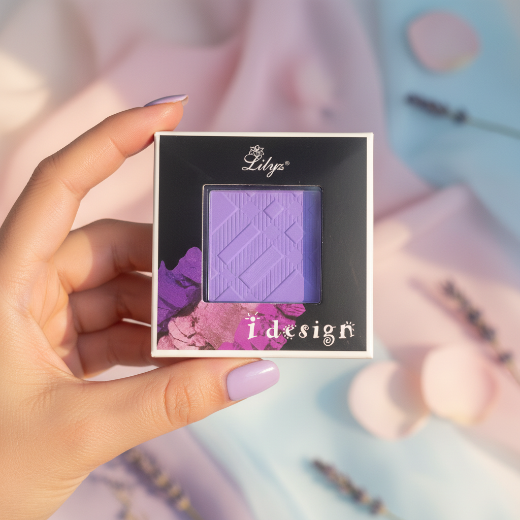 Hand holding Lilyz Eyeshadow Mono Baby Blue in a soft dreamy beauty setting