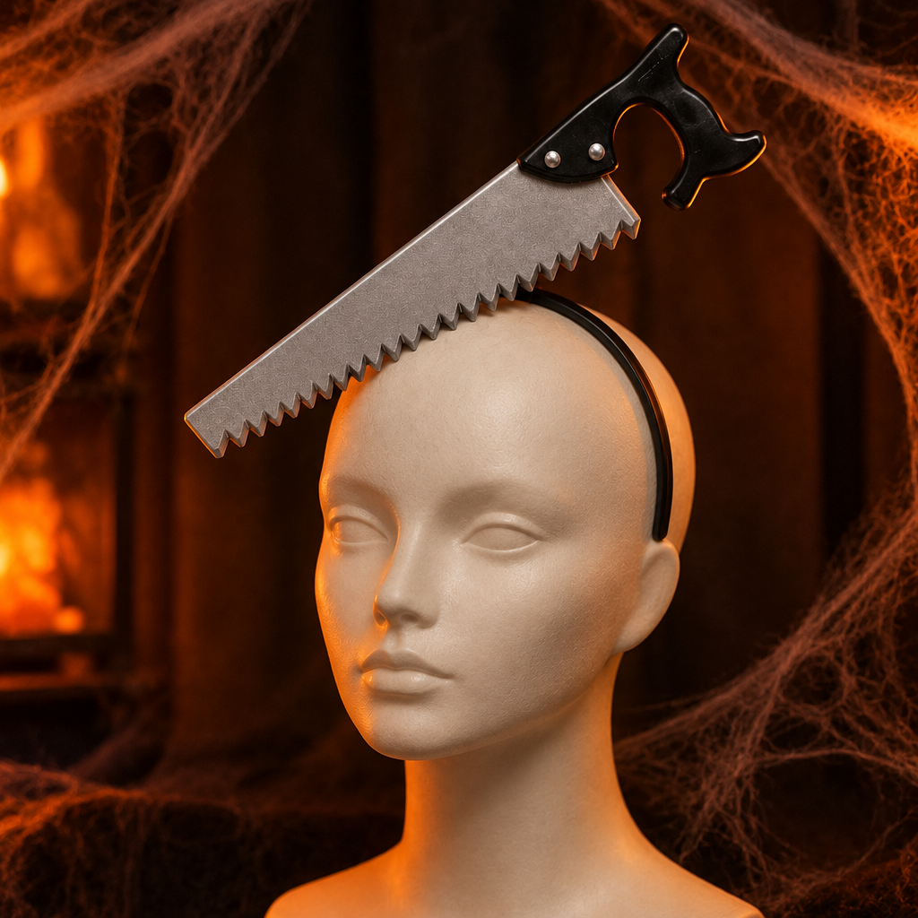 Saw in head headband on a mannequin head with orange cobwebs behind