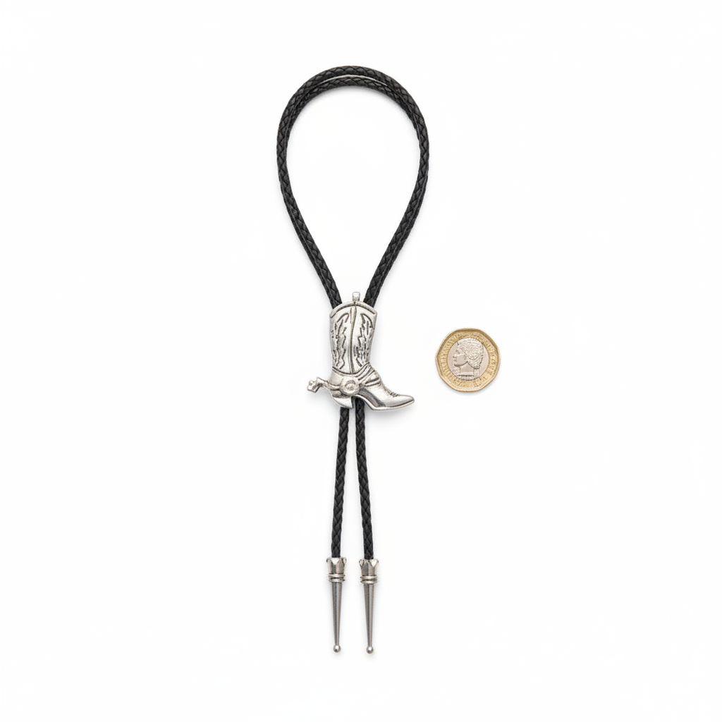 Cowboy Boot Bolo Tie with silver boot charm beside a £1 coin on white background showing product size