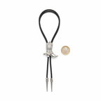 Cowboy Boot Bolo Tie with silver boot charm beside a £1 coin on white background showing product size