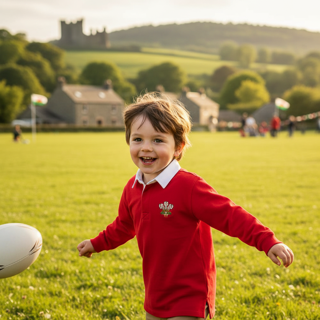 Child in traditional Welsh rugby shirt playing outdoors