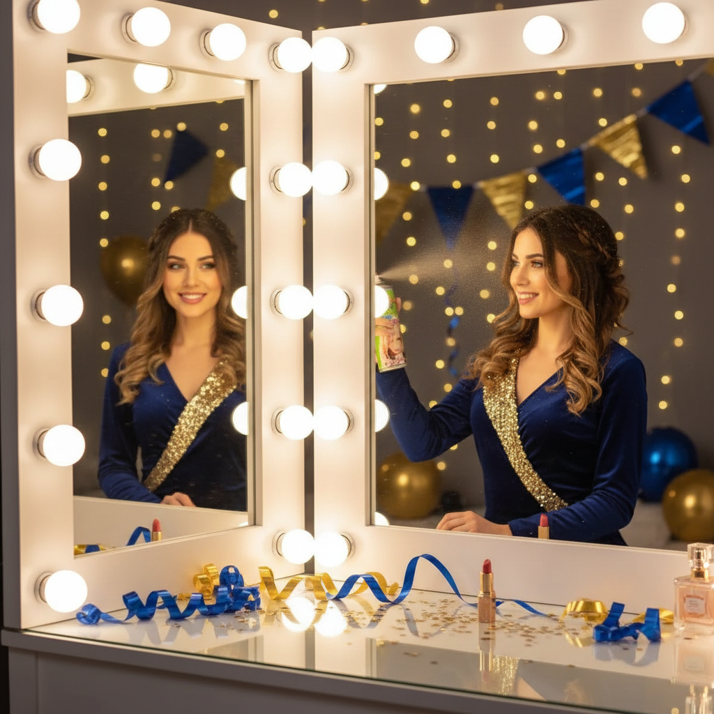 Woman applying Party Success gold glitter hairspray while getting ready - easy application for instant sparkle