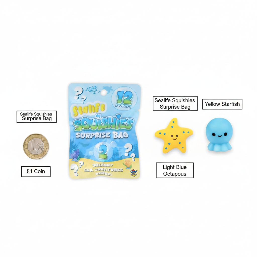 Squishy Sealife Surprise Bag flat lay with £1 coin for size reference alongside yellow starfish and blue octopus squishies