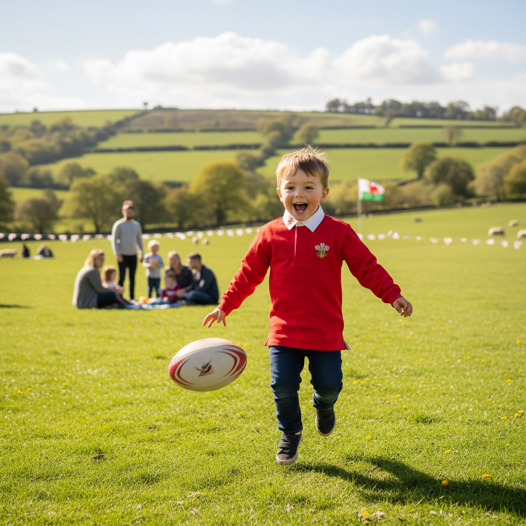 Child in traditional Welsh rugby shirt playing outdoors