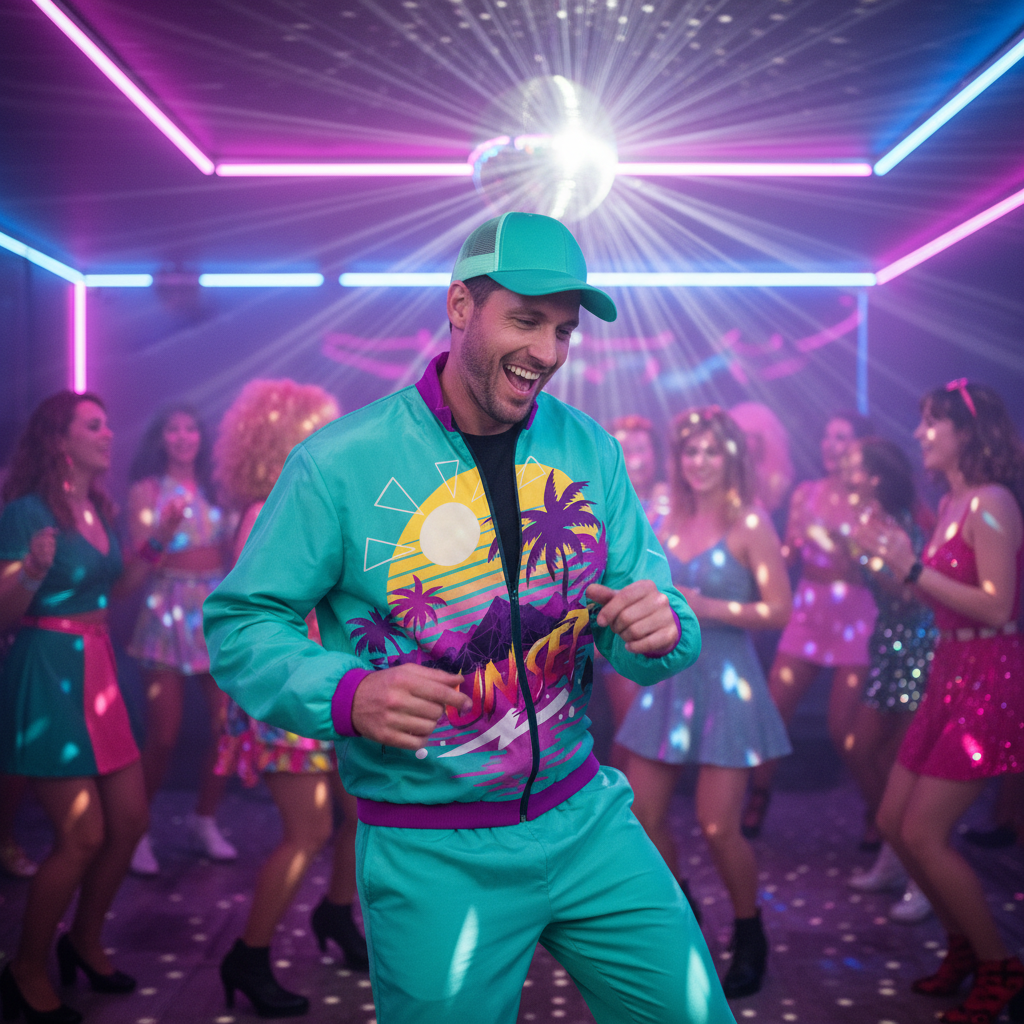 Man dancing at retro 80s 90s party wearing Mens 90s Sunset Tracksuit Large with neon lights