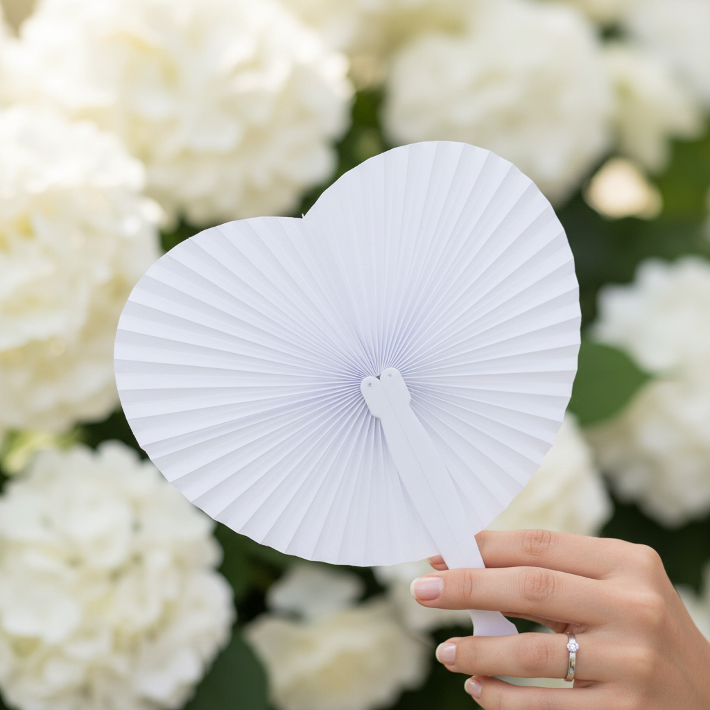 White heart paper fan held in hand at a wedding with floral bokeh background