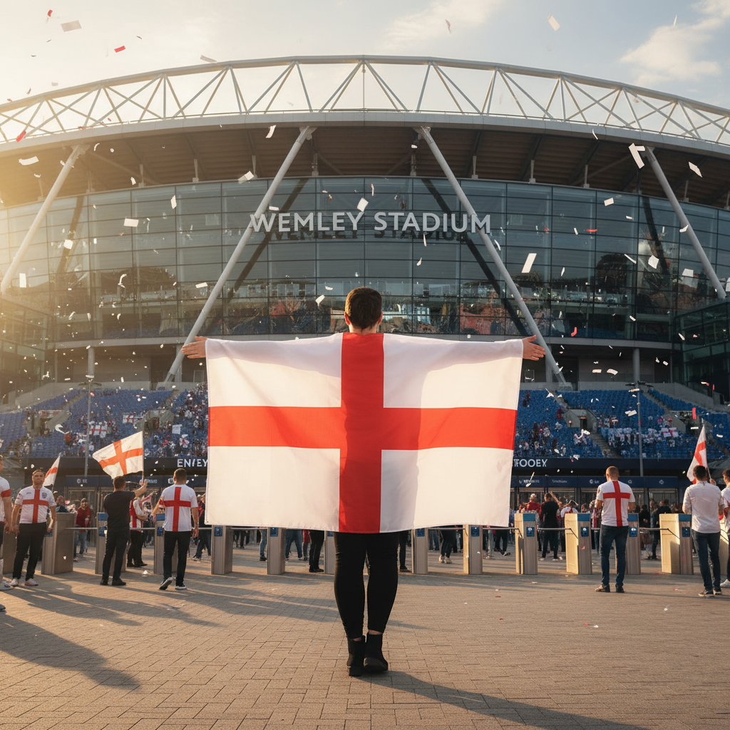 England fan wearing St George Cross wearable flag cape walking triumphantly toward football stadium