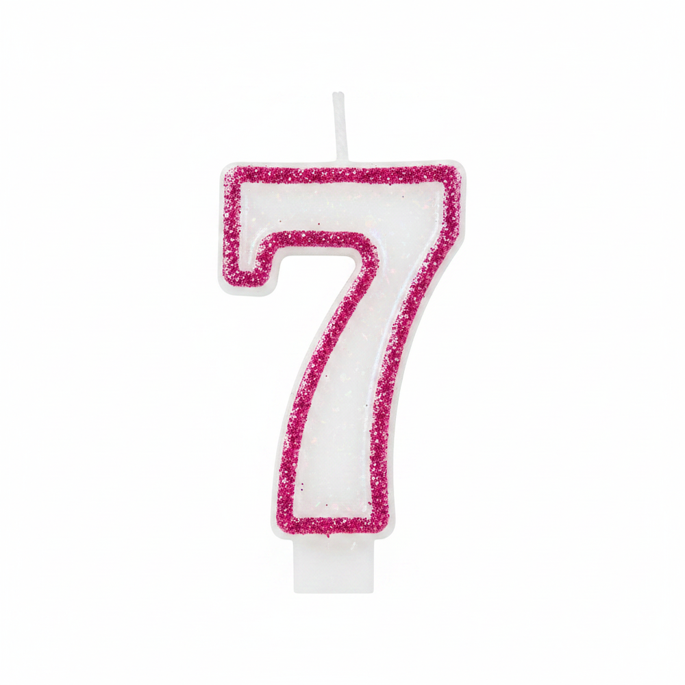 Pink glitter number 7 birthday candle with hot pink border and plain white body on pure white background, Amazon and eBay hero shot