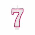 Pink glitter number 7 birthday candle with hot pink border and plain white body on pure white background, Amazon and eBay hero shot