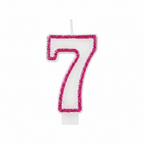 Pink glitter number 7 birthday candle with hot pink border and plain white body on pure white background, Amazon and eBay hero shot