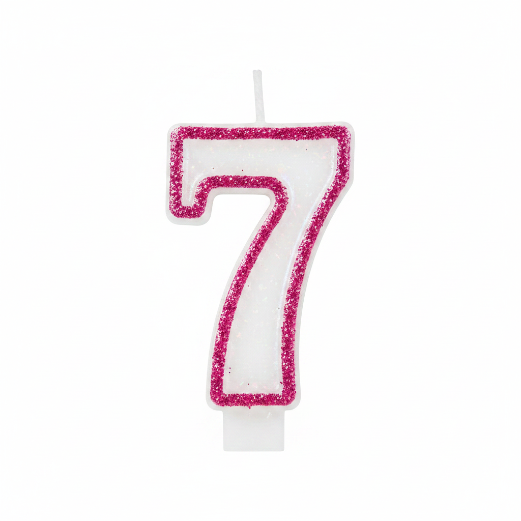 Pink glitter number 7 birthday candle with hot pink border and plain white body on pure white background, Amazon and eBay hero shot