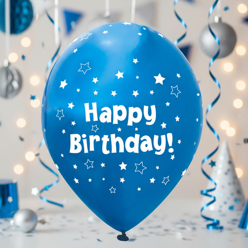 11 inch metallic blue latex balloons with star pattern Happy Birthday design, pack of 6 against elegant party background