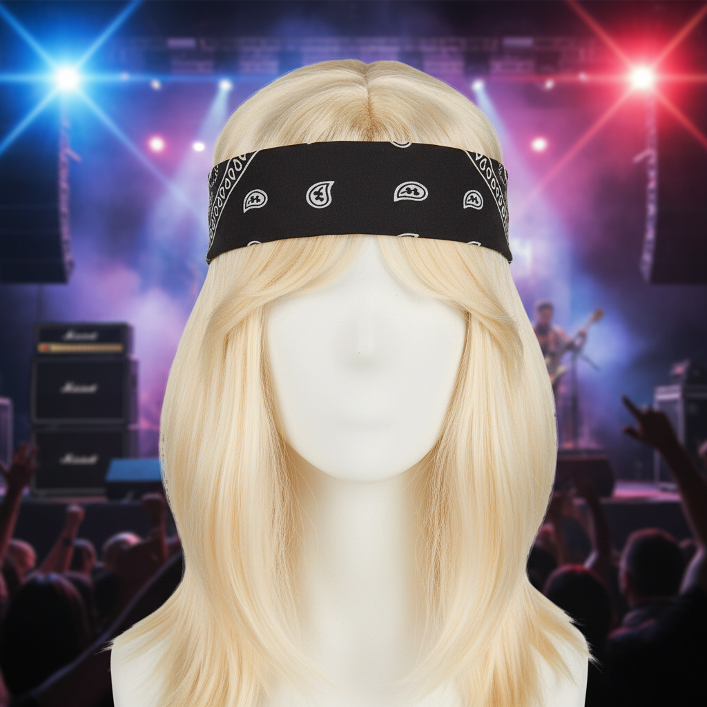 Blonde 90s rocker wig with black and white paisley bandana on rock concert background