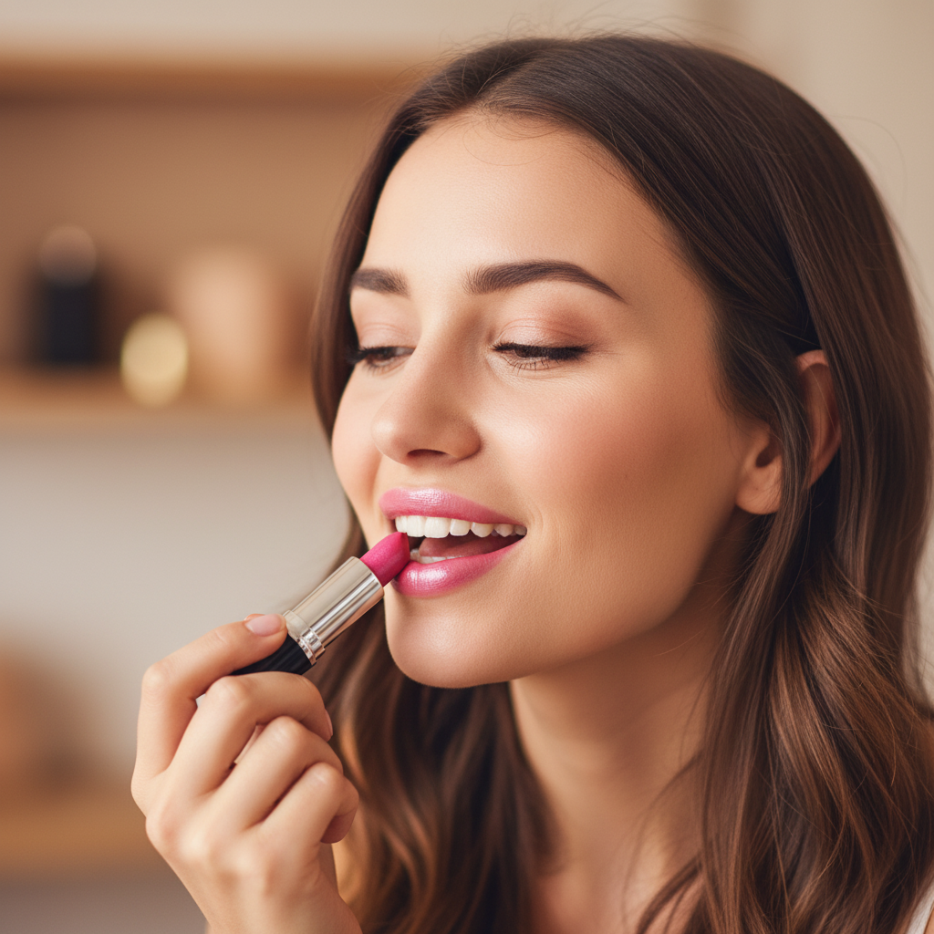Woman applying Laval Lipstick Candy Sizzle 07 in candid lifestyle moment at mirror