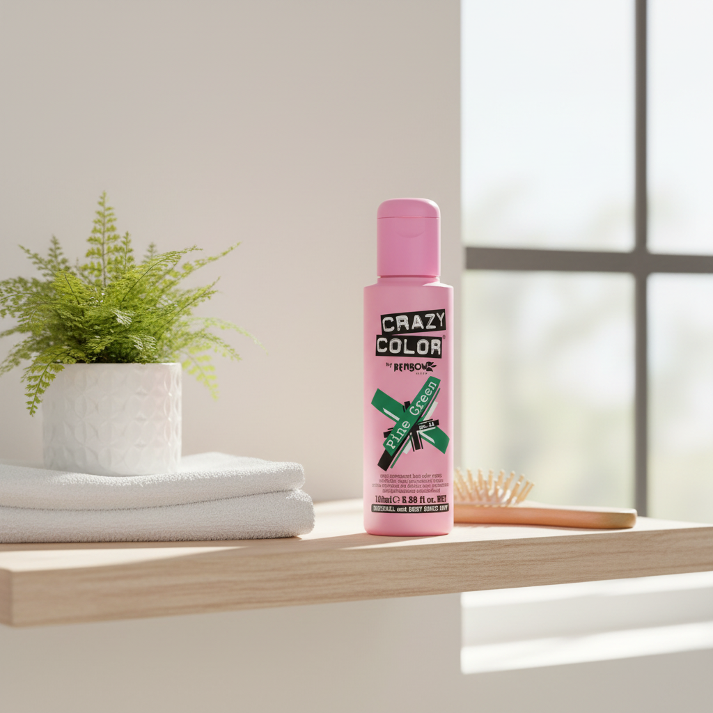 Crazy Color Pine Green hair dye bottle styled on a chic bathroom shelf with minimal props and natural window light