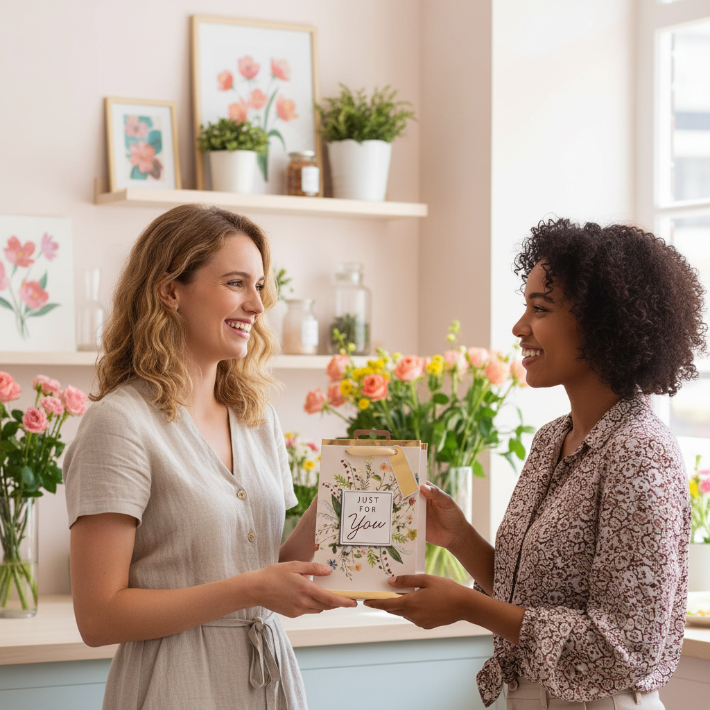 Happy woman receiving a small floral flowers design gift bag as a gift from a friend