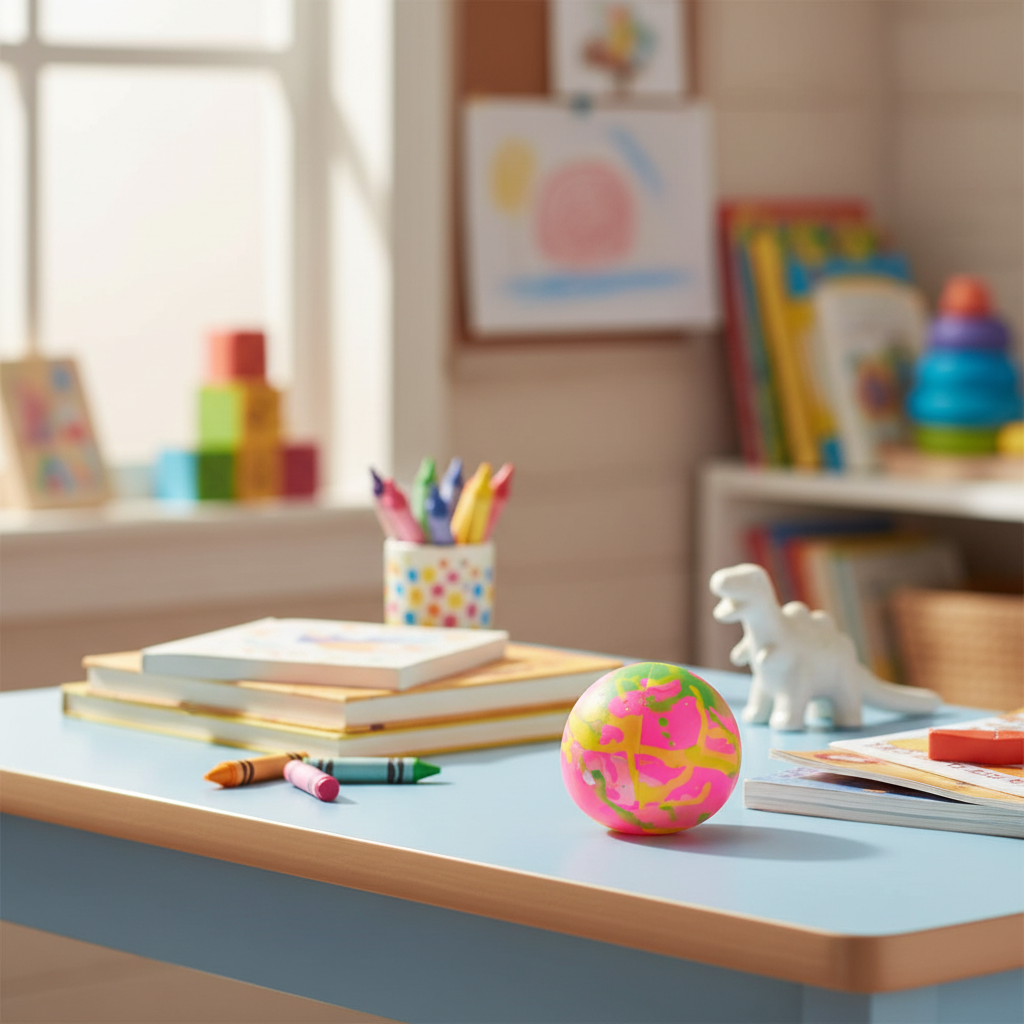 Squishy Graffiti Ball in a colourful children's playroom setting with natural window light, rule of thirds composition