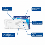 County C6 Envelopes feature infographic showing 50 pack, C6 size 114x162mm, peel and seal closure, 70gsm bright white