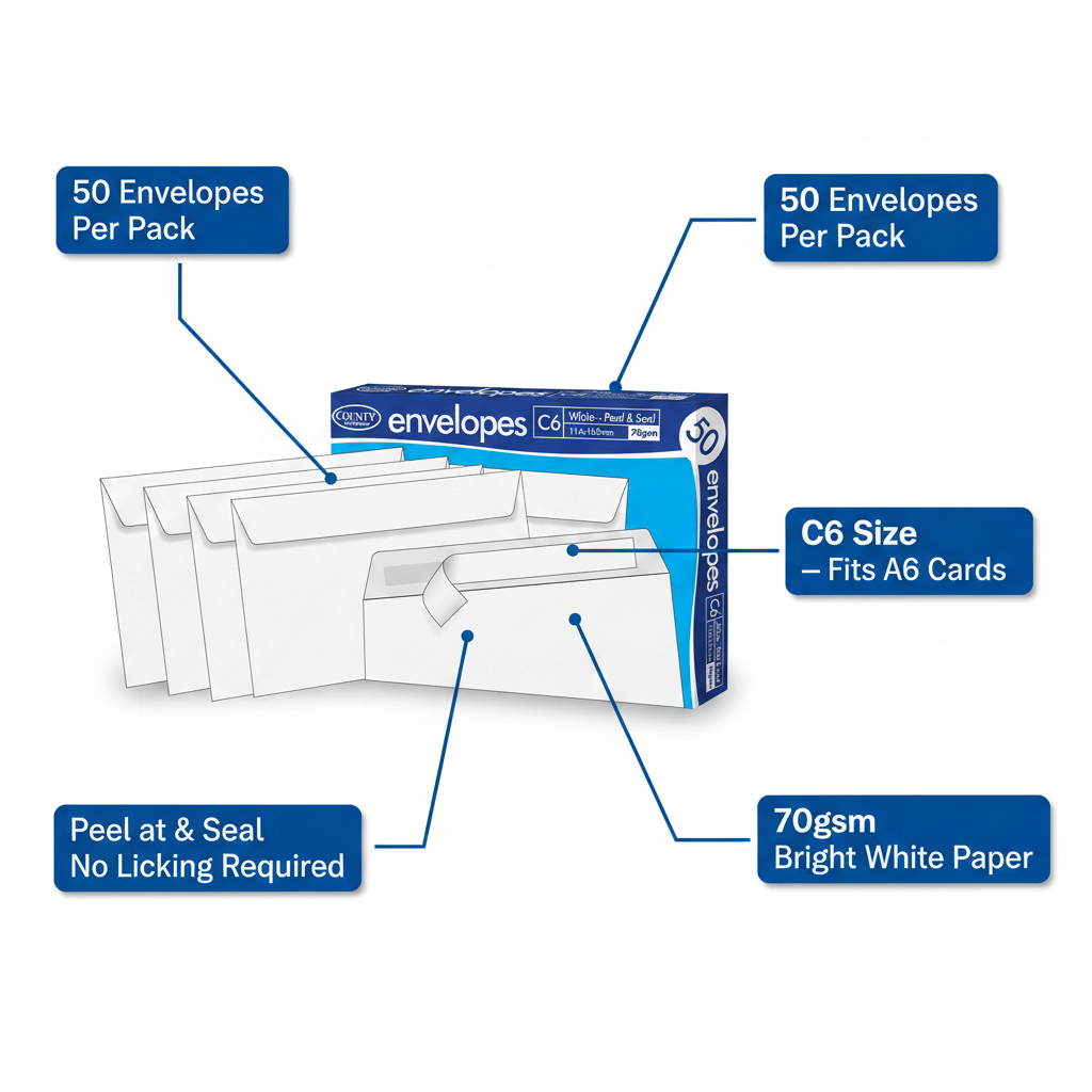 County C6 Envelopes feature infographic showing 50 pack, C6 size 114x162mm, peel and seal closure, 70gsm bright white