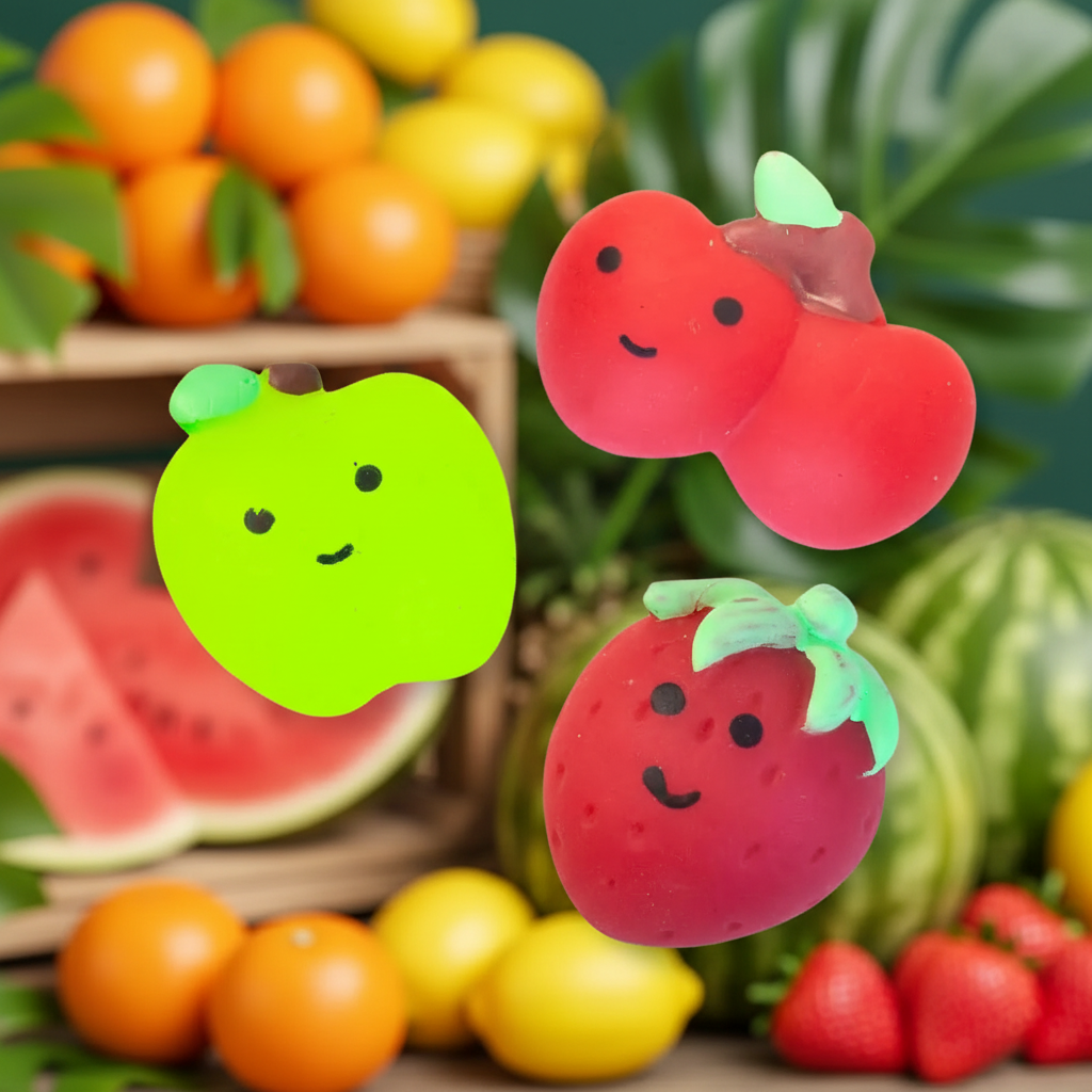 Scrunchems Squishy Buddies Fab N Fruity assorted fruit squishy toys on tropical fruit background