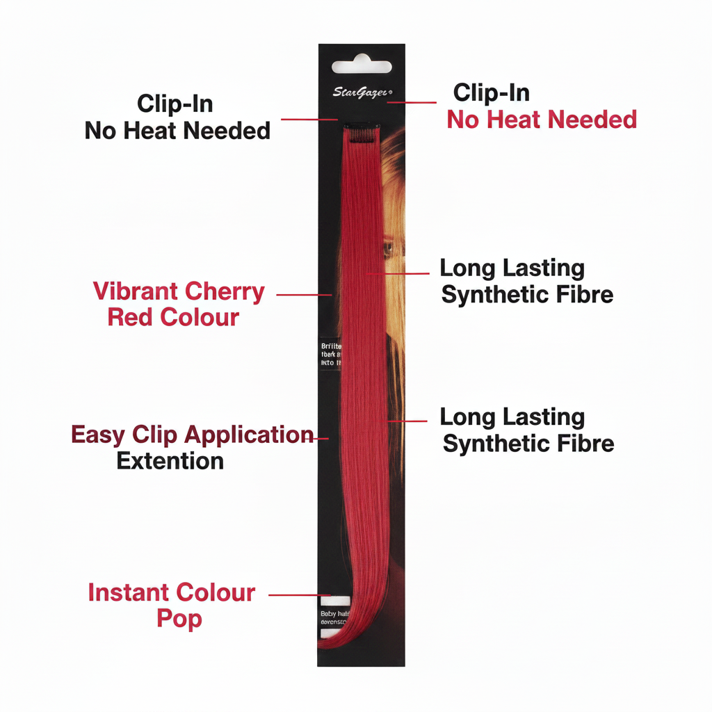 Stargazer Baby Hair Extension red with feature callouts: clip-in application, vibrant cherry red colour, long-lasting synthetic fibre, easy clip, instant colour pop