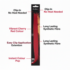 Stargazer Baby Hair Extension red with feature callouts: clip-in application, vibrant cherry red colour, long-lasting synthetic fibre, easy clip, instant colour pop