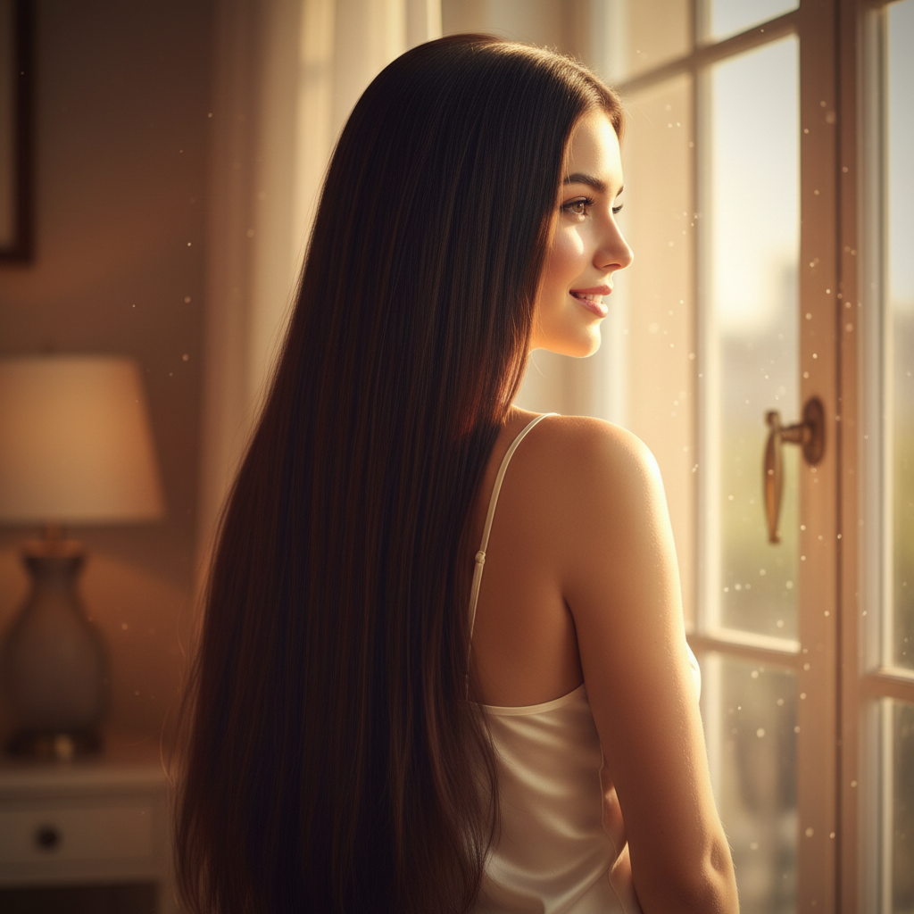 Woman with long silky straight dark brown hair in golden hour light showcasing the look achieved with Colour #2 Nigella clip-in extension