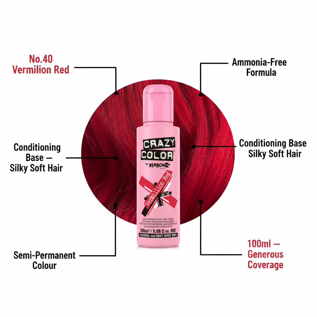 Crazy Color Vermillion Red 100ml hair dye infographic showing key features: ammonia-free, conditioning base, semi-permanent, 100ml coverage