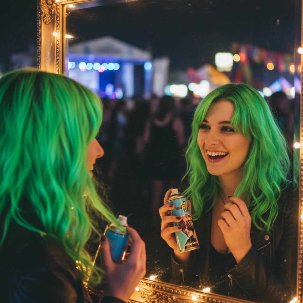 Woman admiring her vivid green temporary hair colour transformation in a mirror at a party