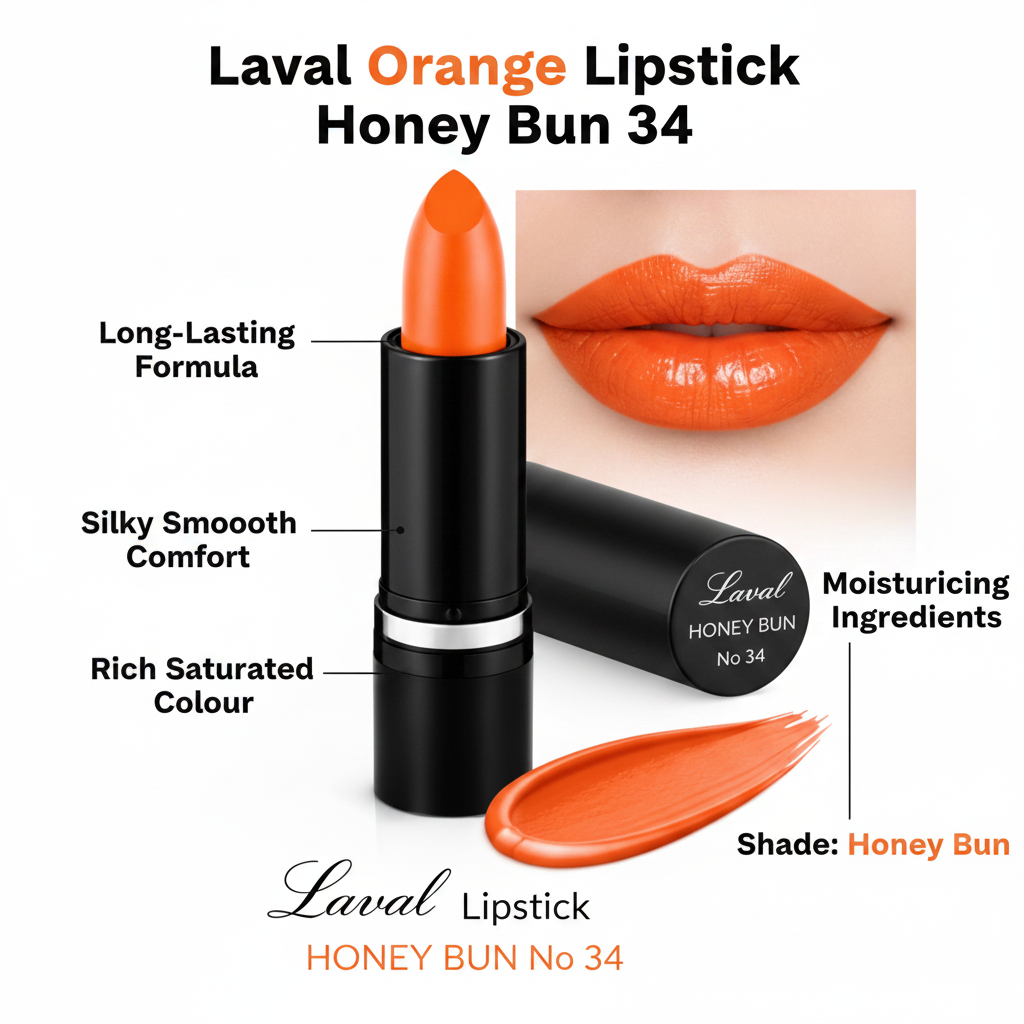 Laval Orange Lipstick Honey Bun 34 premium feature infographic with callout labels on white background