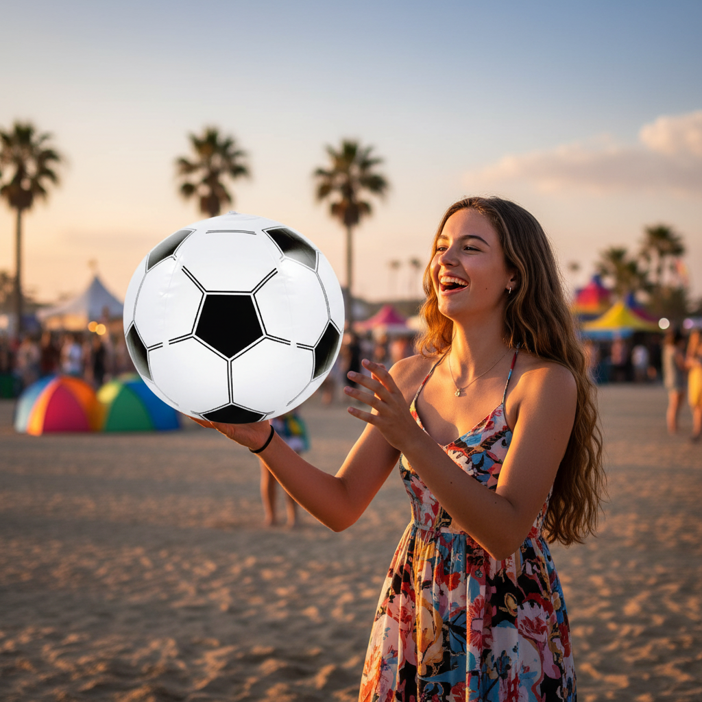 Teenager at a sunny beach bouncing an inflatable football 40cm