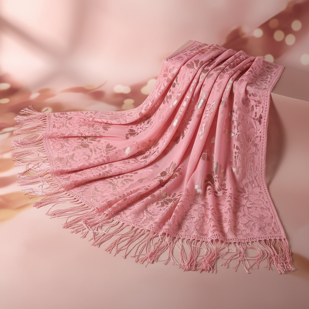 Pink lace pashmina shawl draped on blush velvet background showing floral lace detail and tassel fringe
