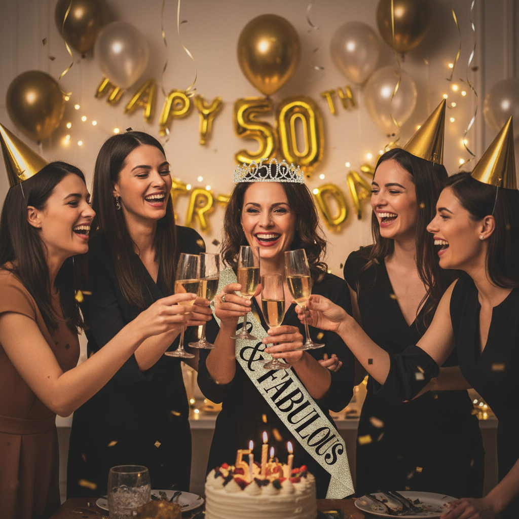 Birthday woman with friends celebrating 50th birthday wearing gold tiara and fabulous sash