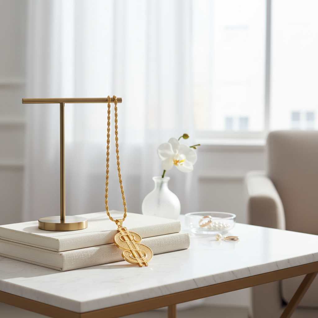 Gold dollar medallion necklace draped over a dressing table in a stylish bedroom with natural window light