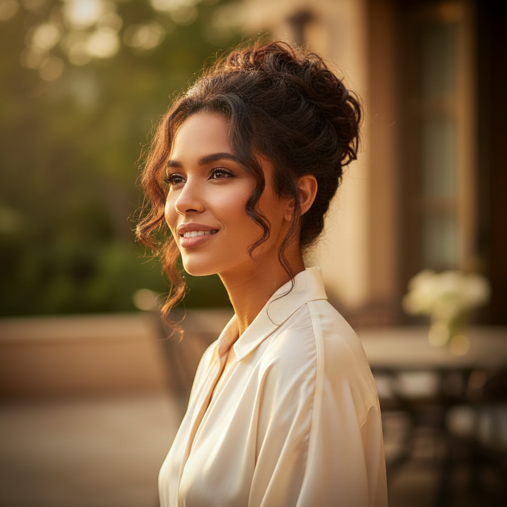 Confident woman with beautiful dark brown curly updo hair bun shade 2 Nigella in golden hour light, aspirational lifestyle scene