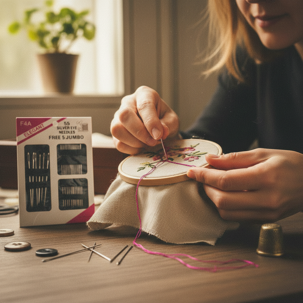 Close-up of hands threading and using silver eye sewing needle for embroidery and hand stitching project
