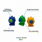 Google Eyed Squeeze Monster feature infographic showing squeeze action soft rubber body googly eye 6cm size and colour variants