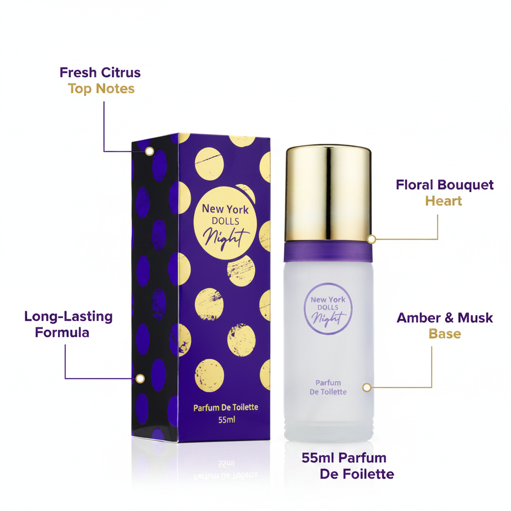 New York Dolls Night PDT 55ml feature infographic with callout labels highlighting fragrance notes and key benefits