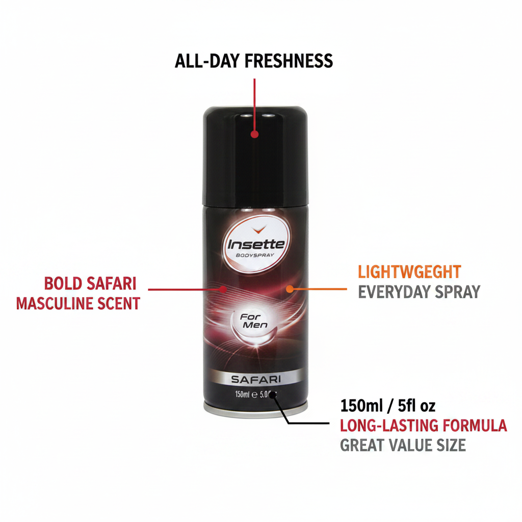 Insette Safari 150ml body spray feature infographic highlighting long-lasting fragrance, bold safari scent, 150ml size and all-day freshness
